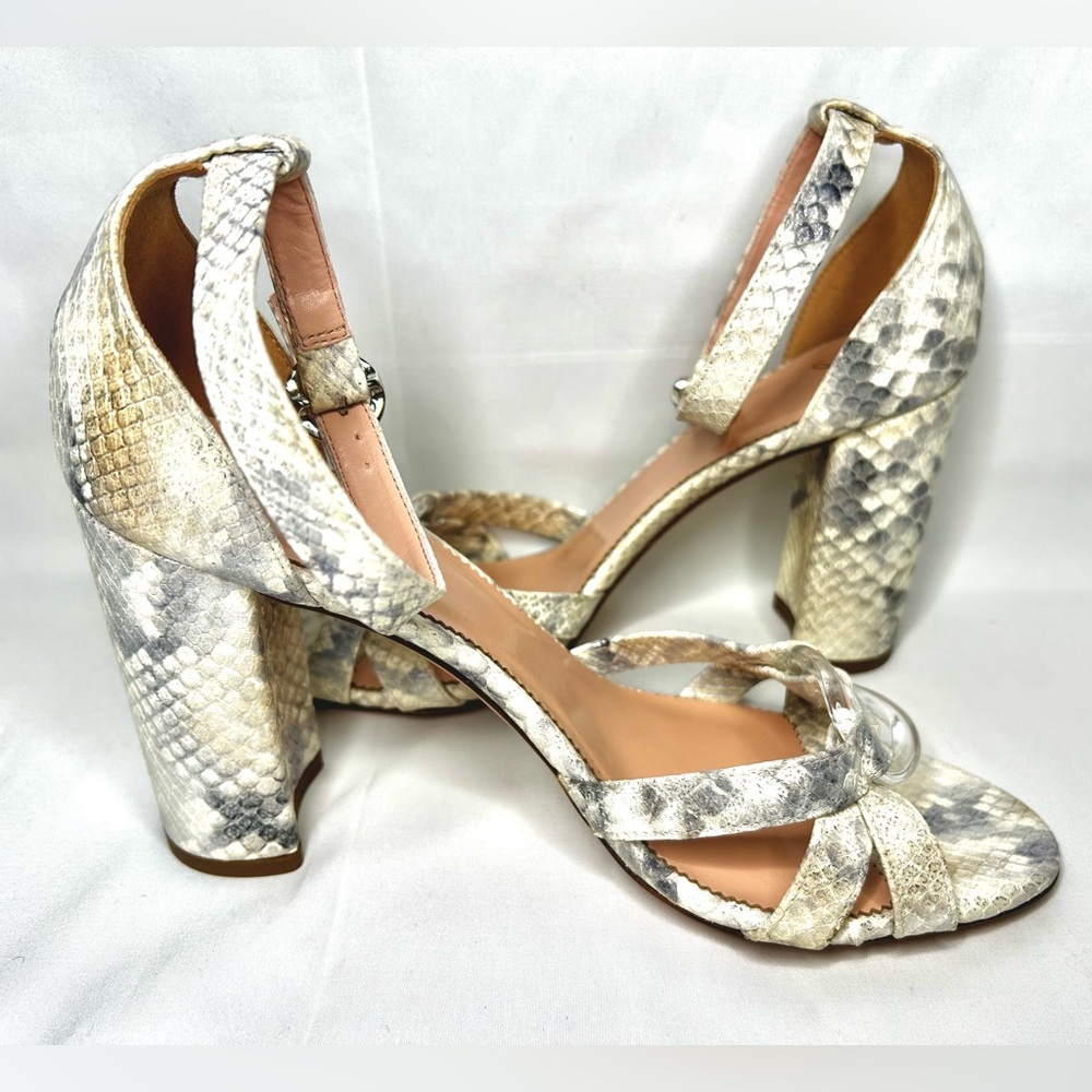 JCREW Stella Heels in Metallic Snakeskin-Printed Leather.